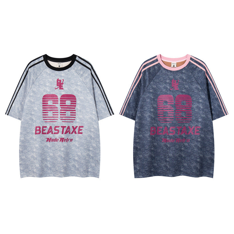 Y2K mens shirt washed network offset printing fuzzy digital T-shirt