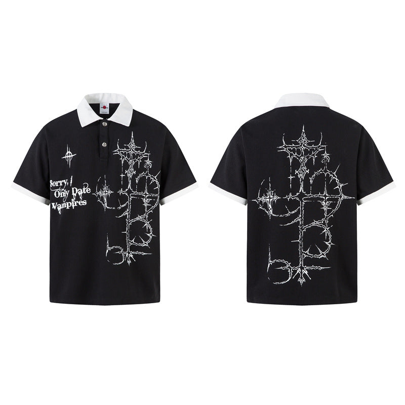 Casual Street Wear Vintage Pattern Button Design Lapel Embroidered Polo Shirt