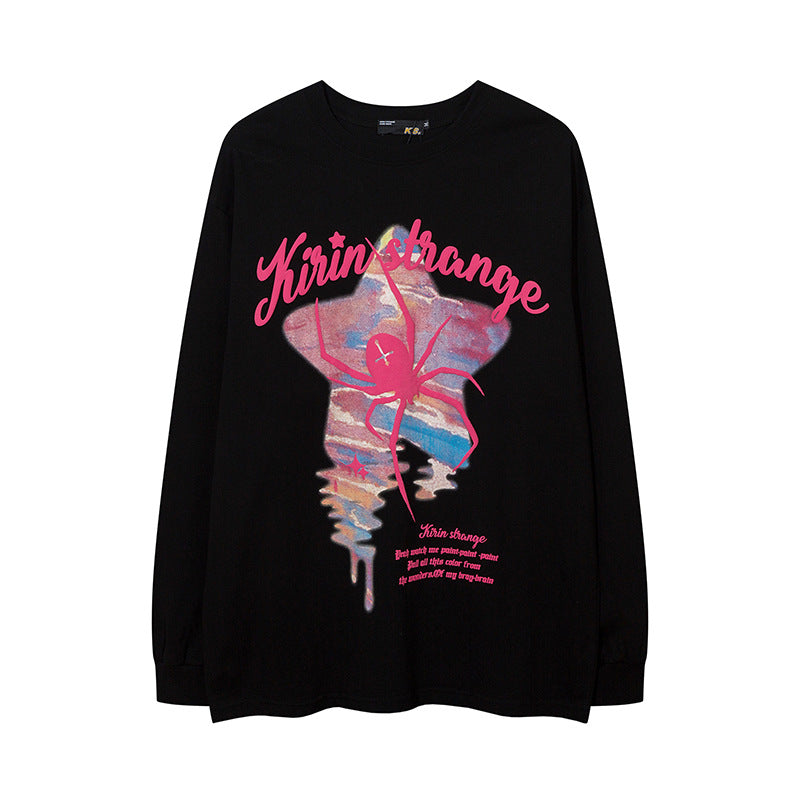 Vintage T Shirts Hip Hop Vintage Spider Foam Print Long Sleeve T-Shirt