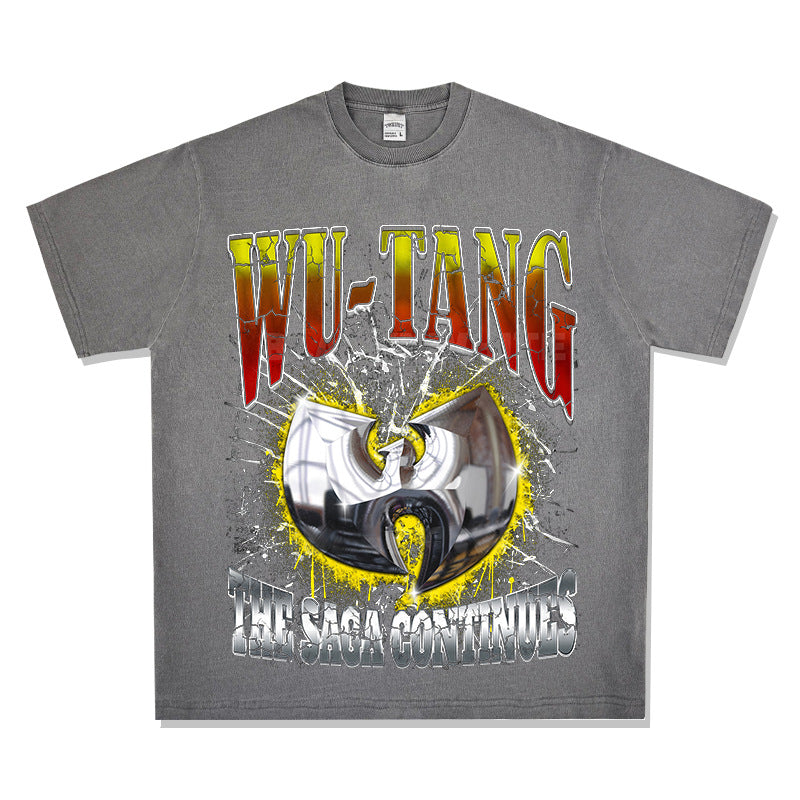 Streetwear masculino vintage hip hop WU-TANG print short-sleeved t-shirt