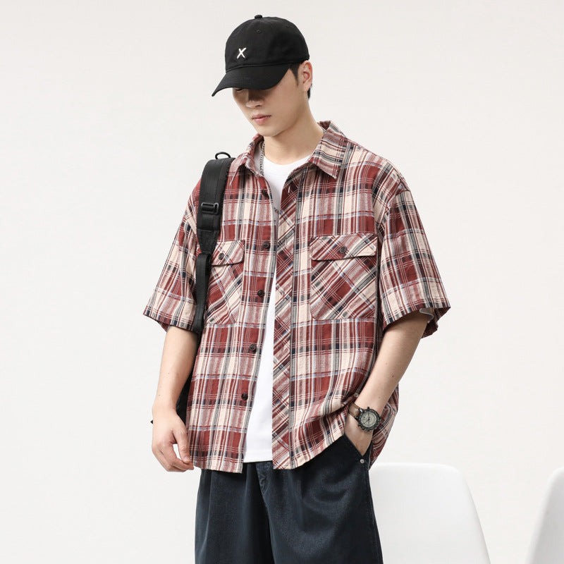 Mens T-shirts Plaid Short Sleeve Shirt Summer Loose