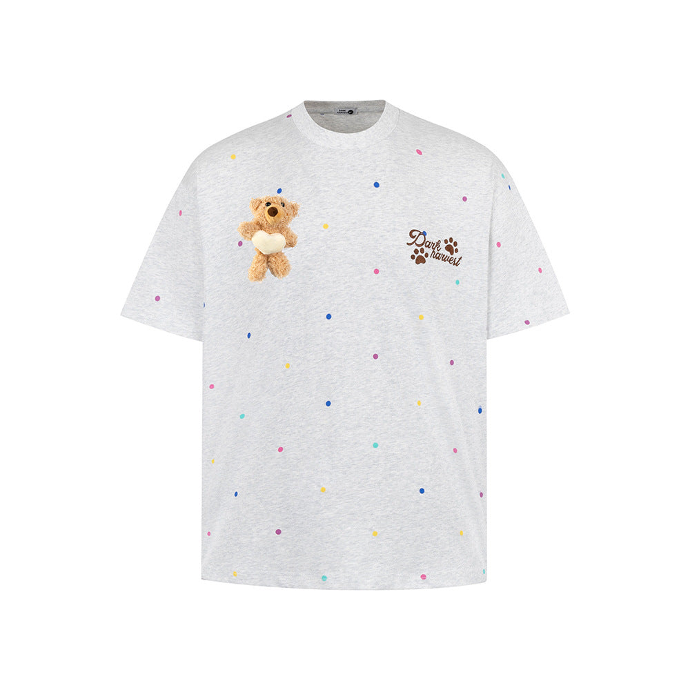 Nostalgia T Shirts Cartoon 3D Bear Doll Embroidered Loose Casual T-Shirt