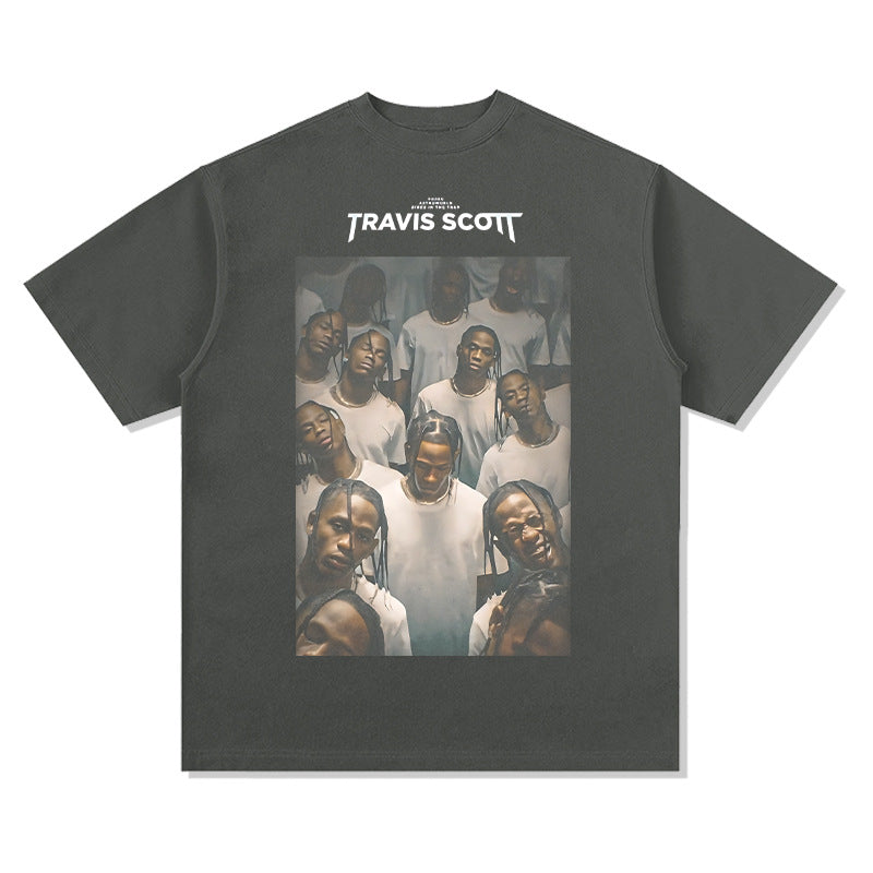 Streetwear masculino hip hop Travis scott rap character print washed do old loose short sleeve t-shirt
