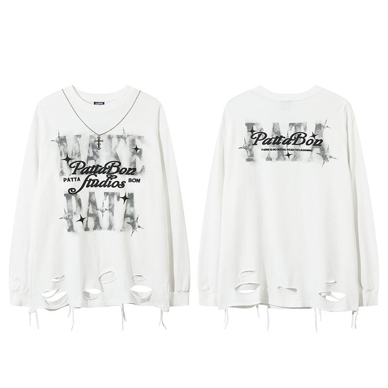 New York Hip Hop Style Long Sleeve T-Shirt Oversize Loose Crew Neck Ripped Top