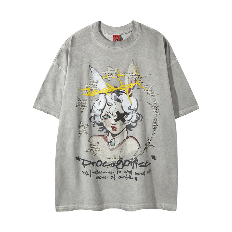 New York Hip Hop Style Cartoon Old Wash Short Sleeve T-Shirt