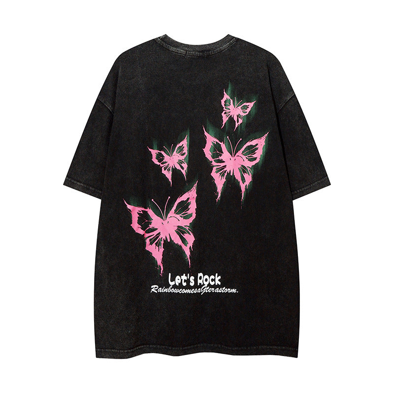 60s Style T Shirts Summer Butterfly Print T-Shirt Short Sleeve