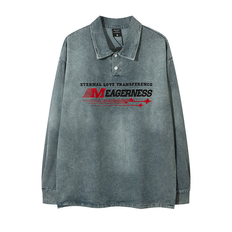 Marcas De Streetwear Denim POLO Neck Long Sleeve T-Shirt Loose Casual Men's and Women's Top