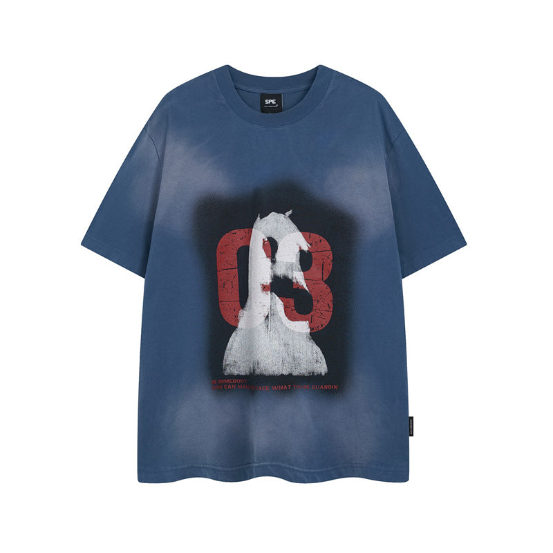 Y2K mens shirt washed tie-dye cartoon round neck short-sleeved T-shirt