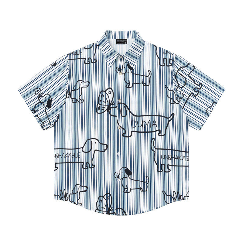 Hip Hop Shirts For Boys Vintage Puppy Print Striped Short Sleeve Shirt