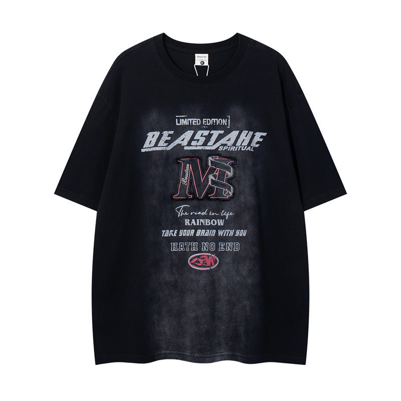 Y2K mens shirt washed network offset cloth embroidery T-shirt