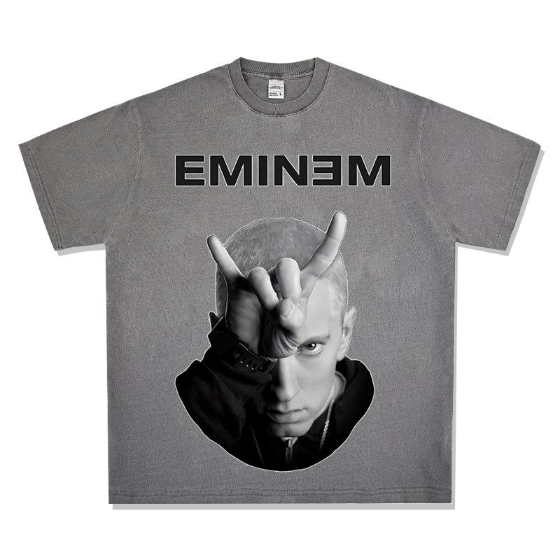 Streetwear masculino hip hop emperor Eminem vintage washed do old short sleeve t-shirt