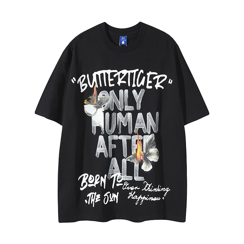 New York Hip Hop Style Butterfly Graffiti Letter Crew Neck Short Sleeve T-Shirt