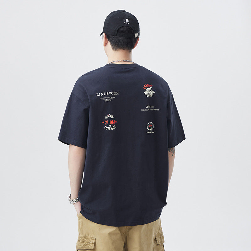 Mens T-shirts vintage print summer loose five-quarter sleeves