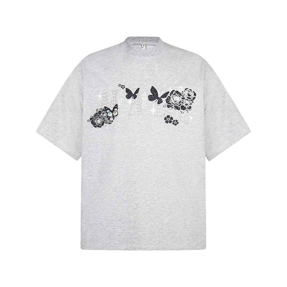 Nostalgia T Shirts Alphabet Butterfly Print Short Sleeve T-Shirt