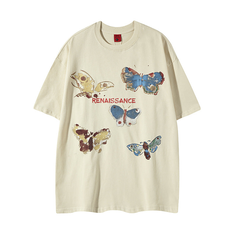 Nostalgia T Shirts Butterfly Print Short Sleeve T-Shirt Hip Hop Loose Crew Neck T-Shirt