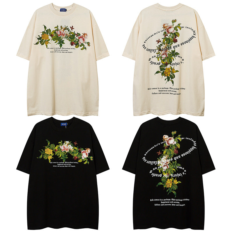 Vintage T Shirts Hip Hop Retro Floral Print Short Sleeve T-Shirt