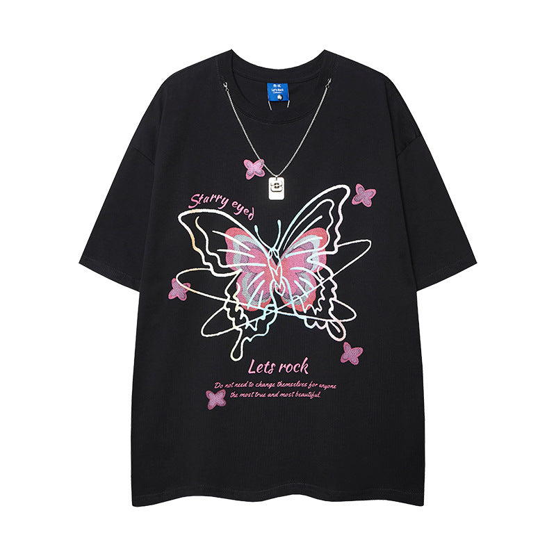 Nostalgia T Shirts Butterfly Print Necklace Short Sleeve T-Shirt