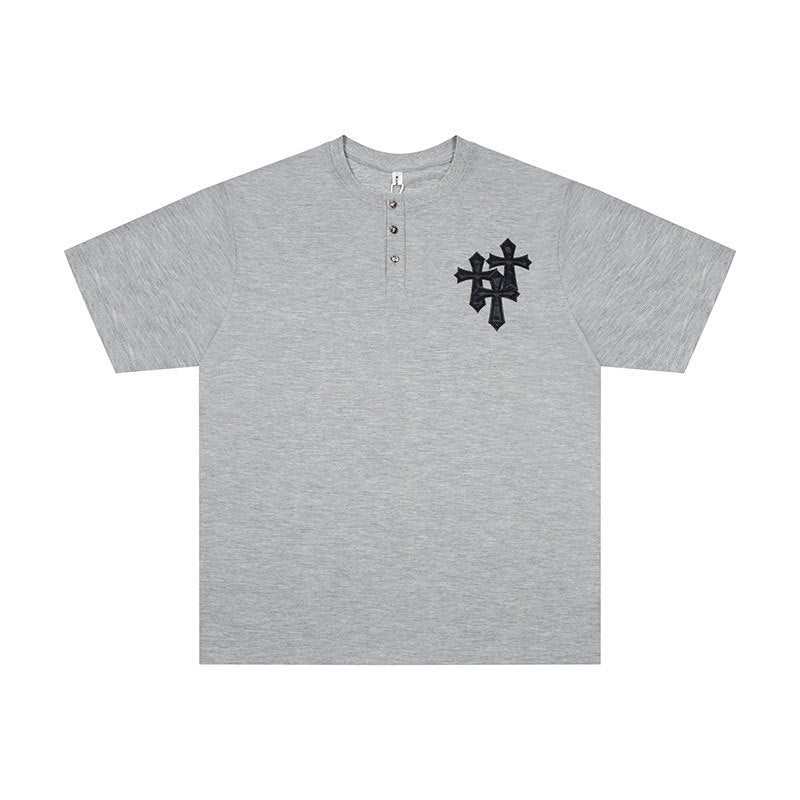 Marcas De Streetwear Vintage Cross Leather Embroidered Crew Neck Short Sleeve T-Shirt