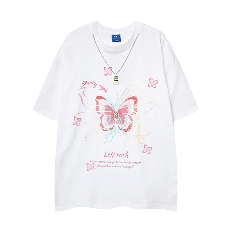 Nostalgia T Shirts Butterfly Print Necklace Short Sleeve T-Shirt