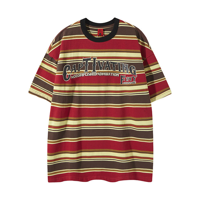 Y2K mens shirt vintage hip hop crew neck striped t-shirt