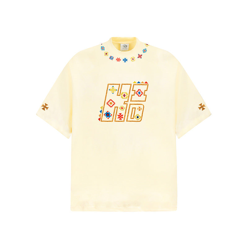 Camisas Retros Embroidered Short Sleeve T-Shirt Vintage Loose Casual tee