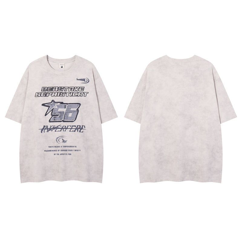 Y2K mens shirt retro washed old letter print T-shirt wide