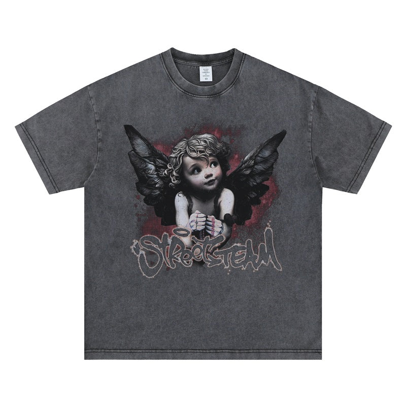 Vintage College Shirts Summer Angel Kids Print Crew Neck Short Sleeve T-Shirt