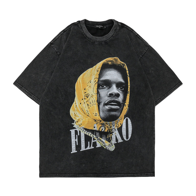 60s Style T Shirts Summer Hip Hop Washed T-Shirt Short Sleeve Character Print