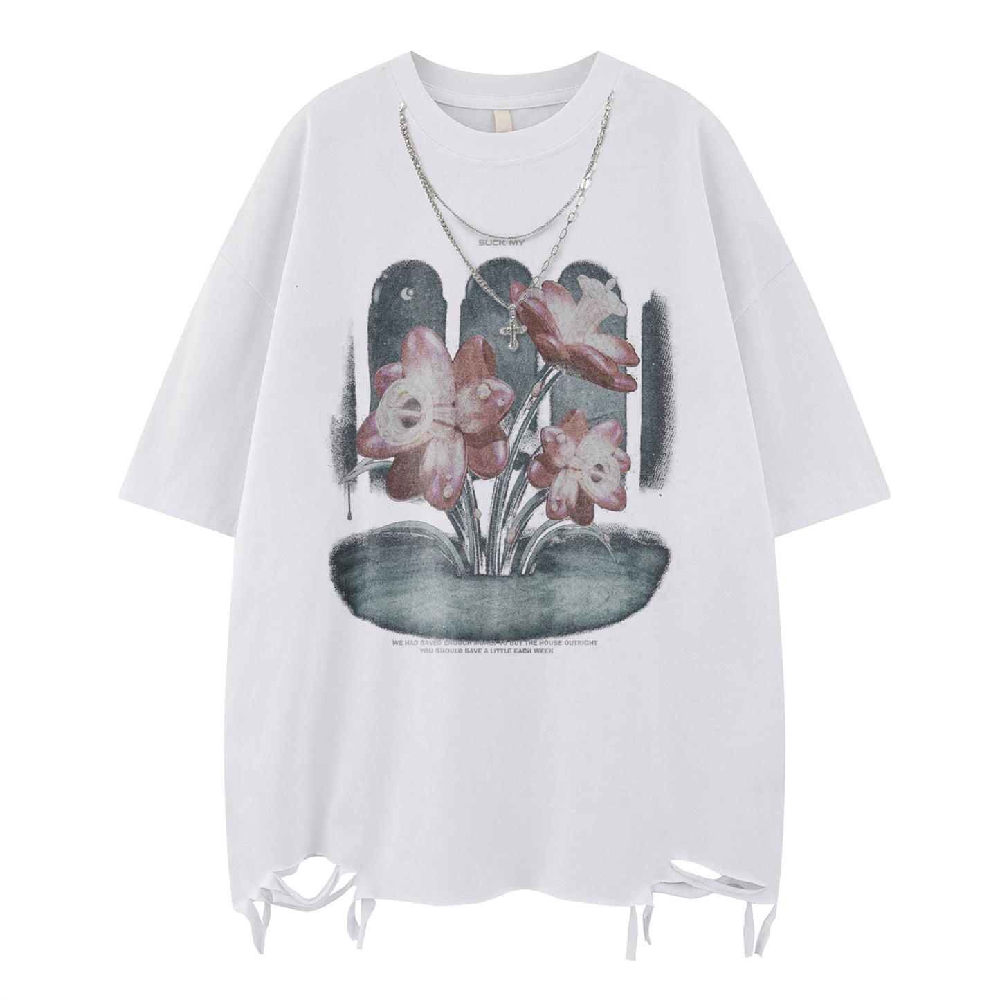 Distorted vintage floral print ripped short sleeve crew neck t-shirt