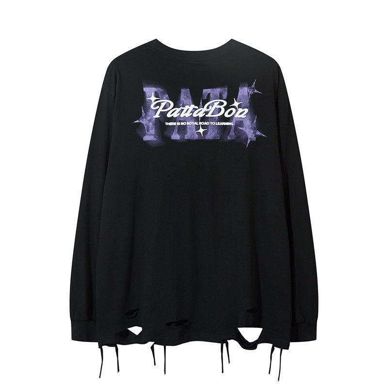 New York Hip Hop Style Long Sleeve T-Shirt Oversize Loose Crew Neck Ripped Top