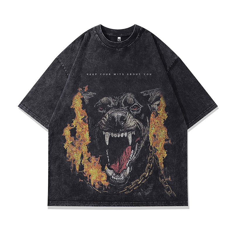 Ropa Vintage Hombre Vintage Doberman Printed Washed Old Short Sleeve T-Shirt