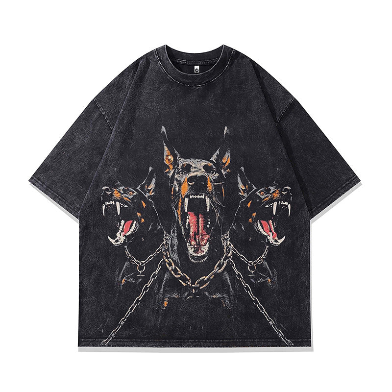 Ropa Vintage Hombre Doberman Printed Washed Old Short Sleeve T-Shirt