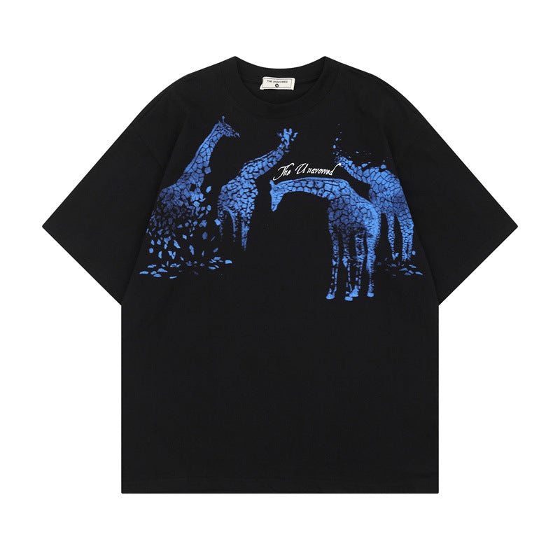US drip outfits summer vintage giraffe print casual loose short sleeve T-Shirts