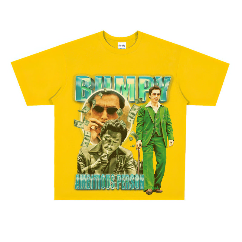 Film Star T Shirt Loose Heavy Retro Street Cotton Small Neckline T-shirt for Men and Women