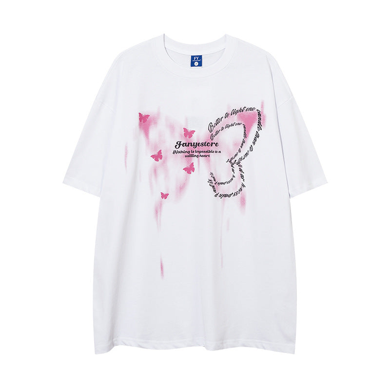 New York Hip Hop Style Butterfly Graffiti Letter Crew Neck Short Sleeve T-Shirt