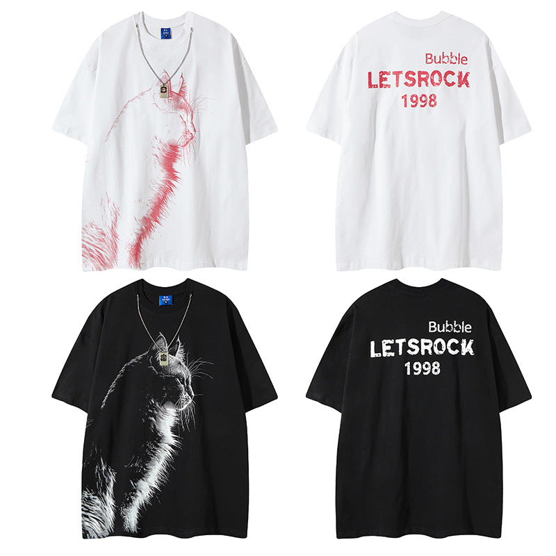 Nyc 1990 Shirt Retro Cat Print Short Sleeve T-Shirt