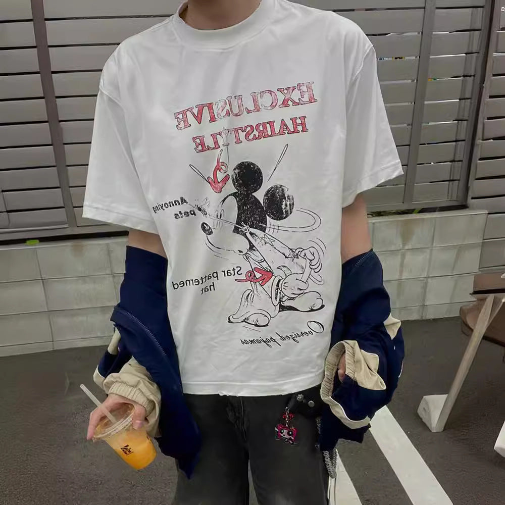 Streetwear Eua t shirt cartoon Mickey print old retro men and women couple short sleeve t-shirt