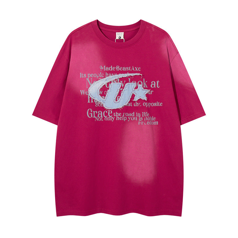 Y2K mens shirt retro printed washed old short sleeve T-shirt