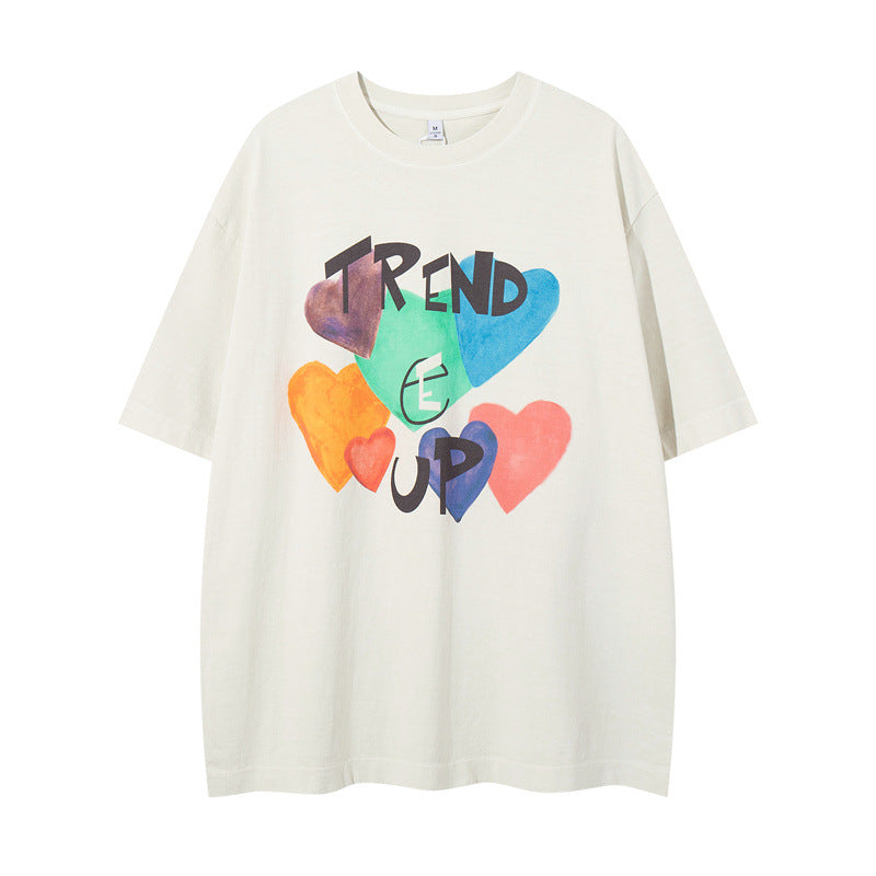 US drip outfits summer vintage love pattern casual loose short sleeve T-Shirts