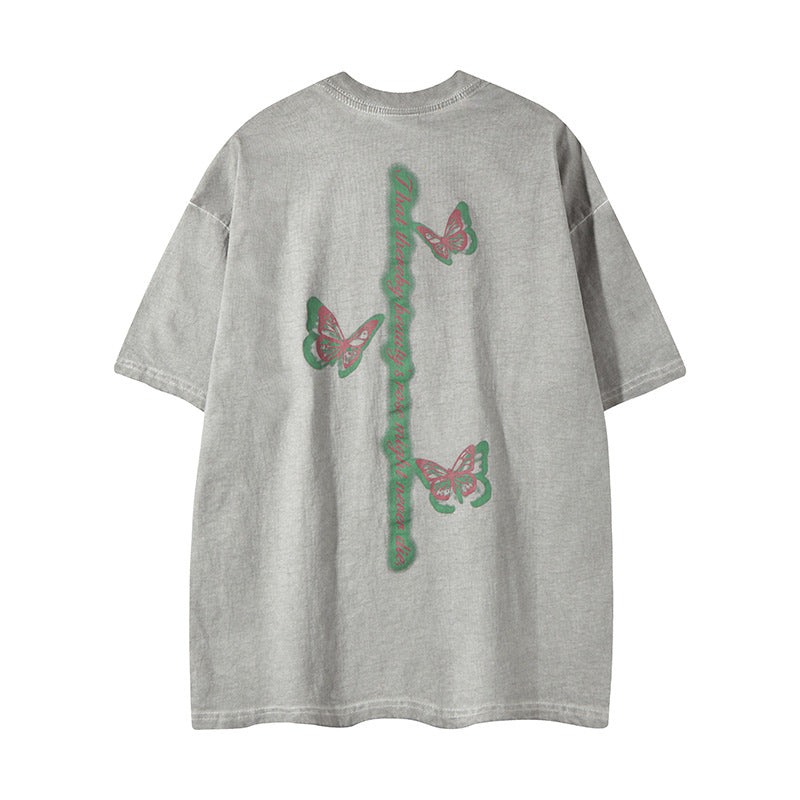 Camisas Retros Butterfly Print Short Sleeve Casual Loose Sports T-Shirt