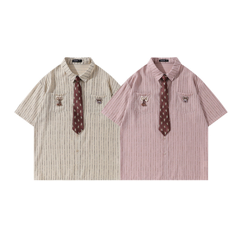 Y2K mens shirt vintage striped tie casual short-sleeved shirt