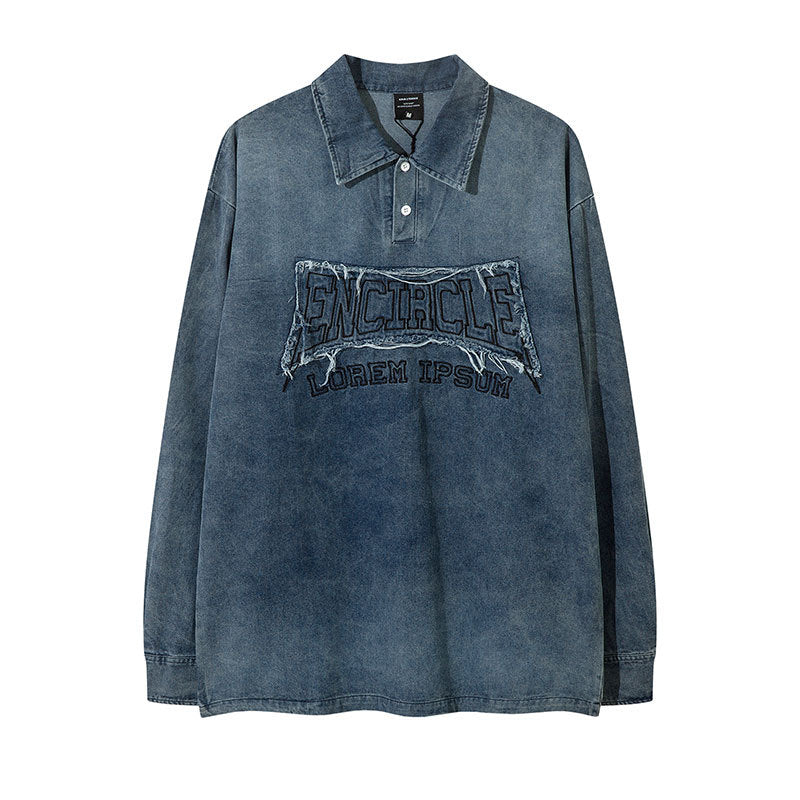 Marcas De Streetwear Denim Lapel POLO Shirt Loose Oversize Washed Long Sleeve T-Shirt