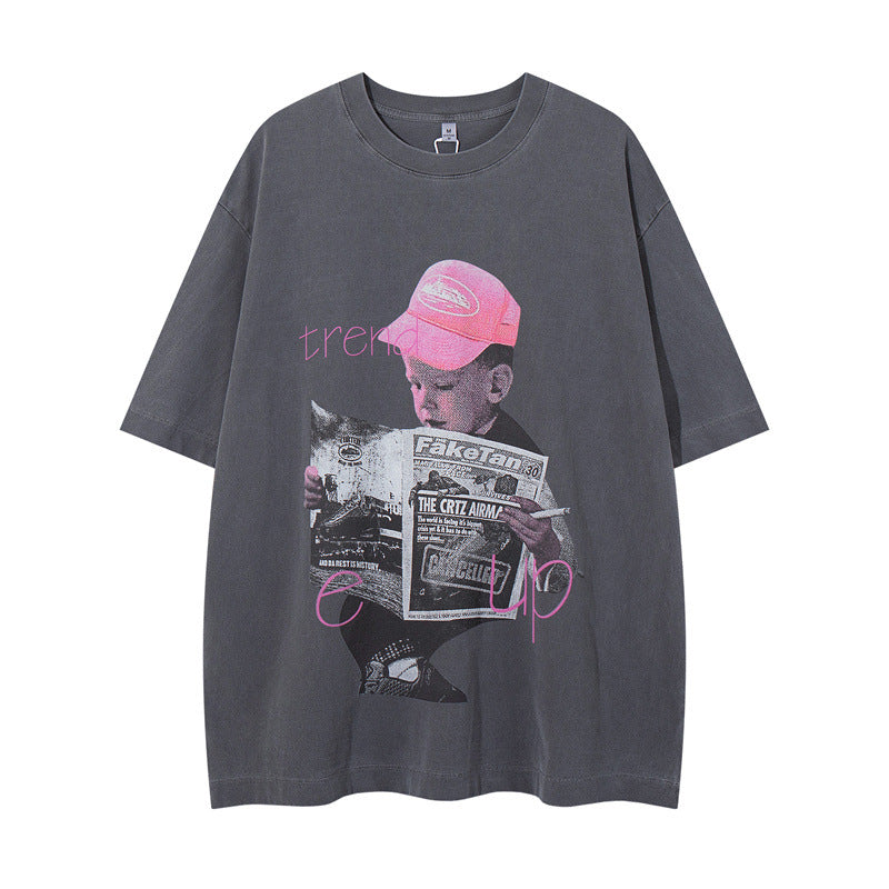 US drip outfits Summer Vintage Portrait Daily Pattern Casual Loose Short Sleeve T-Shirts