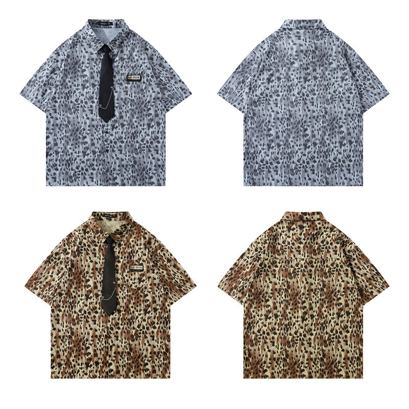 Y2K mens shirt leopard print short sleeve shirt