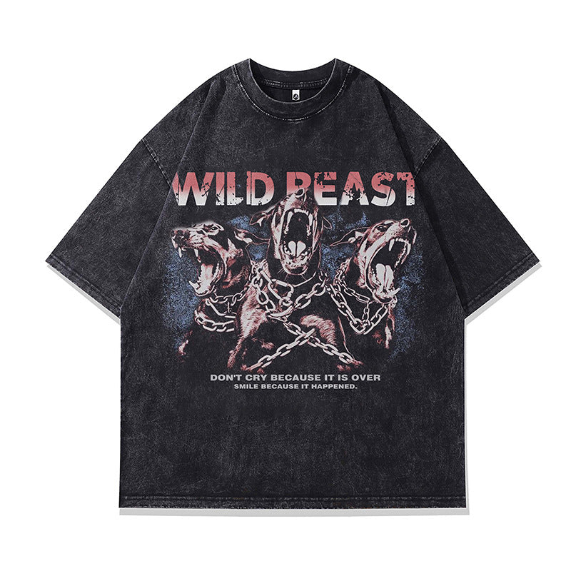 Ropa Vintage Hombre Vintage Doberman Printed Washed Old Short Sleeve T-Shirt