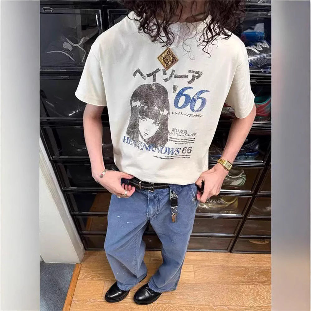 Streetwear Eua t shirt washed old broken edge loose retro short sleeve t-shirt