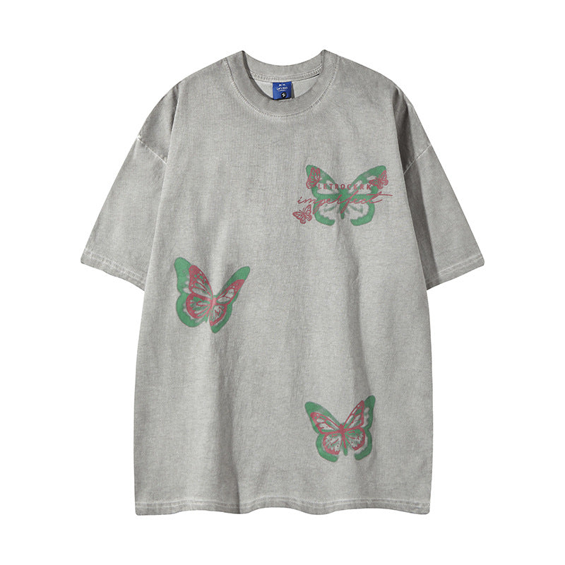 Camisas Retros Butterfly Print Short Sleeve Casual Loose Sports T-Shirt