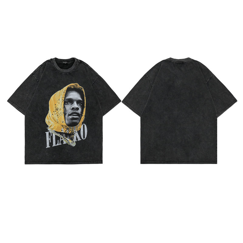 60s Style T Shirts Summer Hip Hop Washed T-Shirt Short Sleeve Character Print