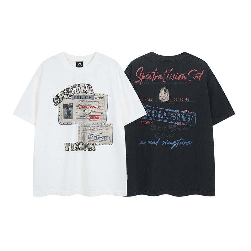 Y2K mens shirt washed screen print watermark white T-shirt