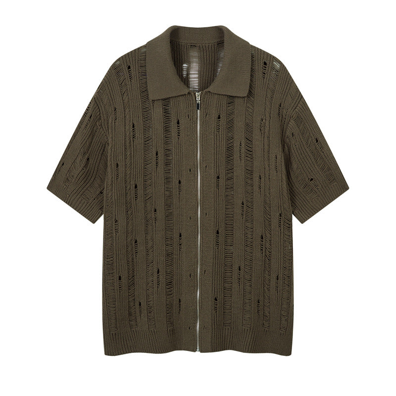 Casual Street Wear Vintage Hollow Knitted Short Sleeve Shirt Summer Casual Lapel Loose